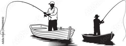 Two fishermen in boats casting lines silhouette