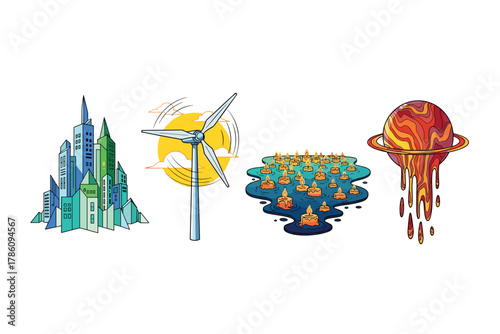 Sustainable urban future and renewable energy icons for environmental design