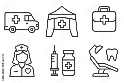 Medical Voluntourism Icons. Line style icons of medical and health voluntourism: mobile clinic van, health screening tent,