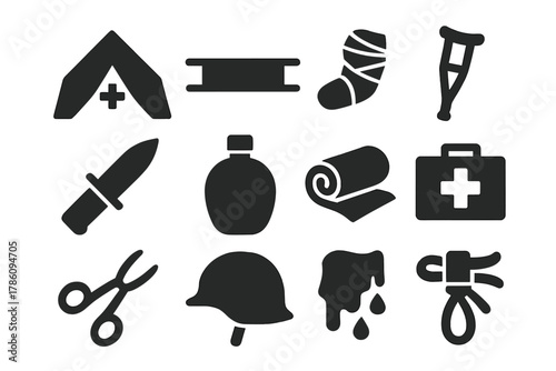 Battlefield Surgery Tools. Solid style icons of Battlefield Surgery: Tent, Stretcher, Bandaged Limb, Wooden Crutch, Field Knife,
