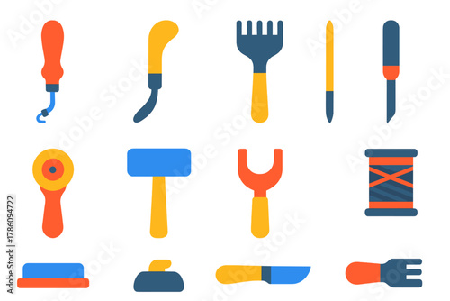 Leatherworking Tools Icons. Flat vector icons of leatherworking tools: stitching groover, edge creaser, pricking iron, lacing