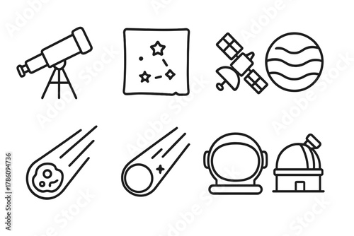 Astronomy Line Icons. Line style icons of Astronomy: Telescope, Star Map, Satellite, Planet, Meteor, Comet, Astronaut Helmet,