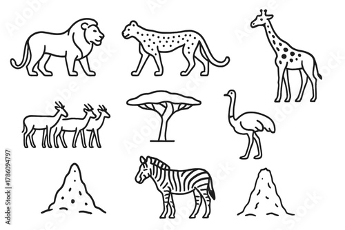 African Wildlife Icons. Line style icons of Predator Veld: Lion, Cheetah, Giraffe, Herd, Acacia Tree, Ostrich, Termite Mound,