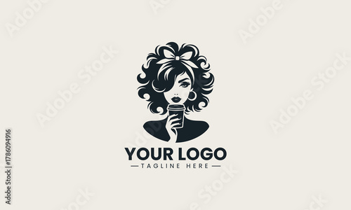 Black woman silhouette with coffee cup and curly hair stylish retro logo illustration
