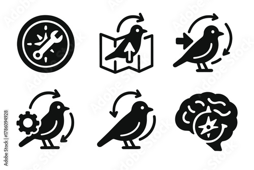 Animal Compass Tuning Icons. Solid style icons of compass calibration in animals: tuning compass badge, orientation correction map