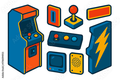 Retro Arcade Electronics. Isometric vector illustration set Retro electronics – arcade cabinet, joystick control, button panel;