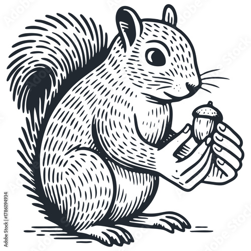 A surreal squirrel with human hands holding an acorn. Vector illustration in a classic black and white engraving or woodcut art style.