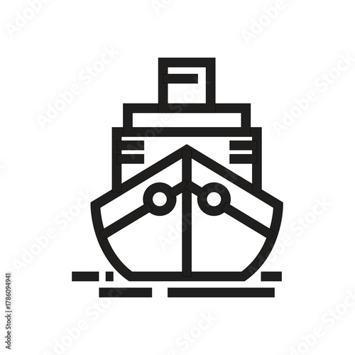 A stylized icon of a ship or cruise liner seen from the front rendered in a black outline