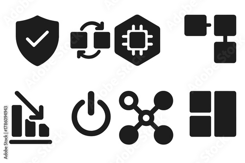 Fault-Tolerant Architecture Icons. Solid style icons of fault-tolerant architecture: fail-safe icon, system bypass loop, isolation