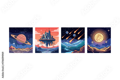 Futuristic space exploration and celestial wonders icons for digital design