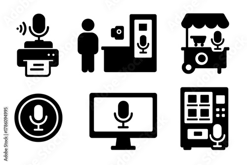Offline Voice Interaction Icons. Solid style icons of offline voice interactions: voice-to-receipt print icon, in-store speaker
