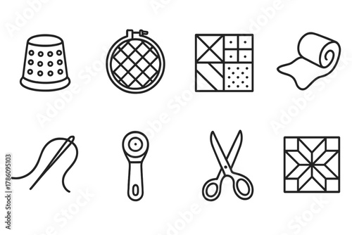 Quilting Essential Icons. Line style icons of Quilting: Thimble, Quilting Hoop, Patchwork, Batting, Sewing Needle, Rotary Cutter,