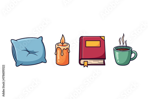 Cozy relaxation essentials: comfort, warmth, and leisure icons for home decor
