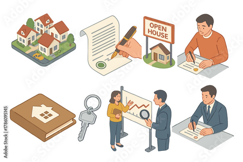 Real Estate Transactions. Isometric vector illustration set of Real Estate: residential neighborhood, deed document, open house