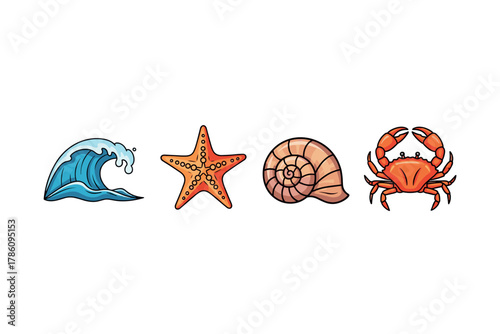 Coastal marine life icons for beach themed designs and ocean branding
