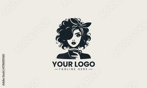 Black woman silhouette with coffee cup and curly hair stylish retro logo illustration