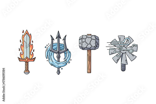 Fantasy elemental weapons icons for game design and branding