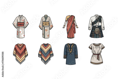 Global traditional clothing icons for cultural representation and educational design