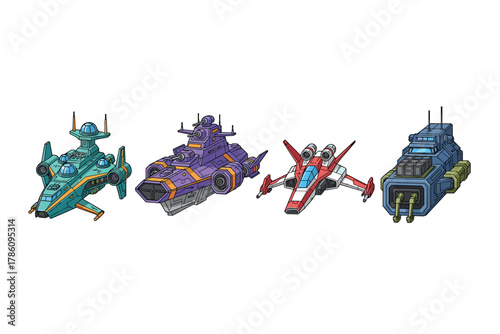 Futuristic spacecraft and starship icons for sci-fi design projects