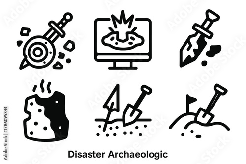 Disaster Archaeology Icons. Line style icons of Disaster Archaeology: ancient war debris, exploded site scan, weapon fragment,