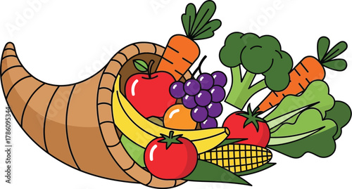 Illustration of a cornucopia overflowing with autumn harvest