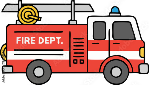 Minimalist Fire Department Truck Vector – Flat Red Emergency Vehicle with Ladder and Hose