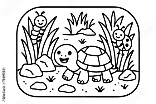 Joyful Turtle Scene. Joyful turtle in a terrarium with rocks, plants, and smiling insects climbing, black and white line art,