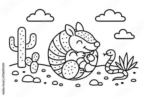 Rolling Armadillo Adventure. Cheerful armadillo rolling into a ball near desert plants, snakes, and clouds floating above, black