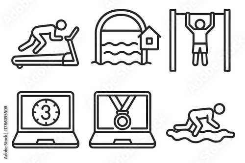 OCR Virtual Event Icons. Line style icons of OCR virtual events: treadmill crawl symbol, backyard obstacle loop, indoor pull-up