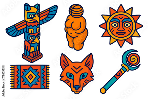 Cultural Symbolism Icons. Isometric vector illustration set Symbolism in Culture: totem pole, fertility figurine, sun motif, woven