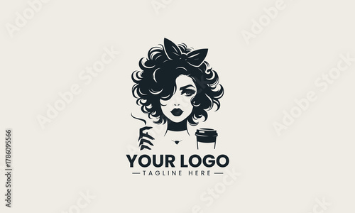 Black woman silhouette with coffee cup and curly hair stylish retro logo illustration