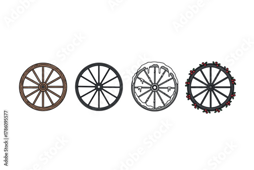 Rustic and seasonal wagon wheel icons for historical and decorative design