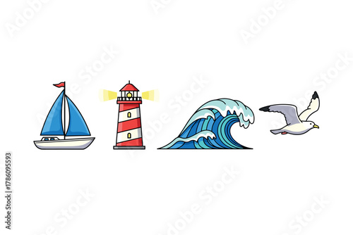 Coastal adventure icons for nautical and seaside design projects