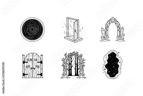 Mystical portal and gateway icons for fantasy and sci-fi design themes
