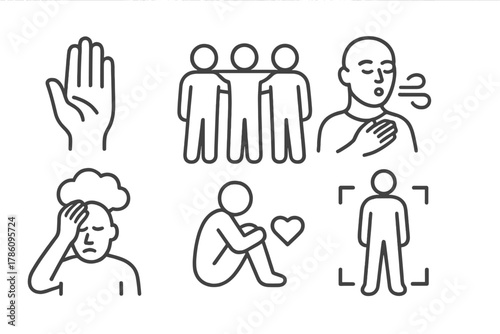 Psychological First Aid Icons. Line style icons of psychological first aid outdoors: calming hand gesture, group reassurance,