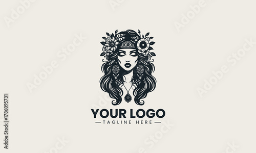 Black woman face silhouette wearing floral crown and long curly hair artistic logo