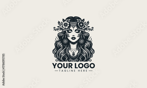 Black woman face silhouette wearing floral crown and long curly hair artistic logo