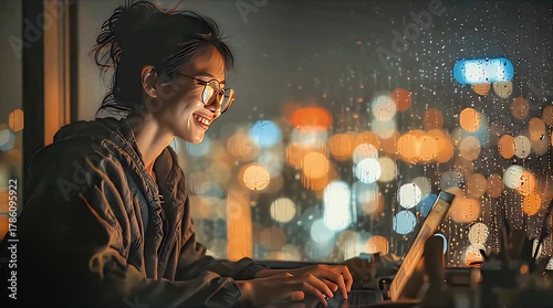Cozy Night Workspace: Young Woman Typing on Laptop by Rainy Window