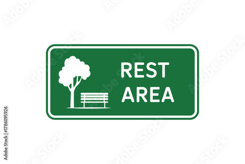 Find rest area sign green park bench tree travel roadside break point icon