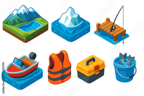 Mountain Lake Adventure. Isometric vector illustration set Mountain landscapes – high-altitude lake, floating iceberg, crystal