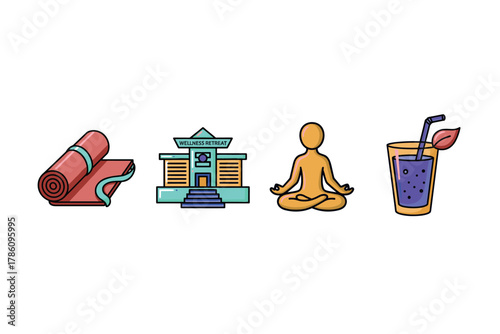 Holistic wellness retreat icons for health and meditation design