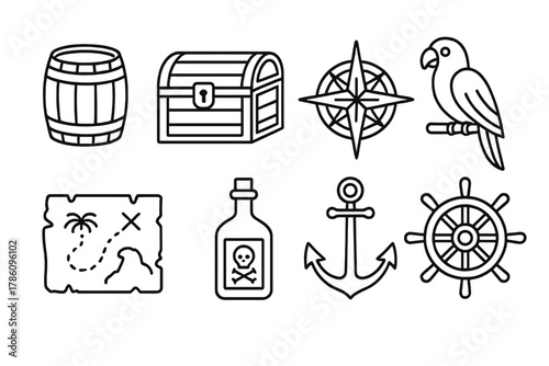 Pirate Cove Icons. Line style icons of Pirate Cove: Wooden Barrel, Treasure Chest, Compass Rose, Parrot, Map Fragment, Rum Bottle,