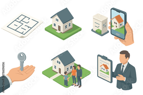 Real Estate Essentials. Isometric vector illustration set of Real Estate: floor plan sheet, 3D building model, virtual house tour.