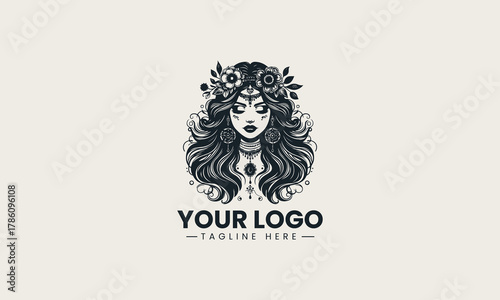 Black woman face silhouette wearing floral crown and long curly hair artistic logo