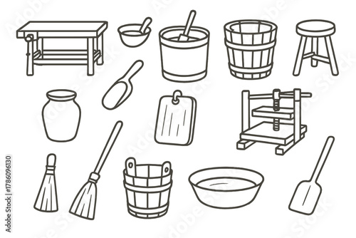 Traditional Workshop Icons. Line style icons of traditional workshop: workbench, water vat, wooden tub, stool; jar, scoop, drying