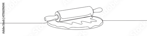 Continuous one line drawing of rolling pin and dough. Concept of baking, cooking and homemade food