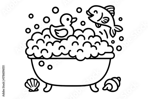 Rubber Duck Bathtime Fun. Cartoon bathtub full of bubbles with rubber duck, seashells, and smiling fish jumping, black and white