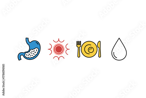 Digestive health and nutrition icons for wellness and diet planning