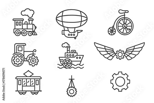 Steampunk Transport Icons. Line style icons of Steampunk Transport: Steam Locomotive, Airship, Monocycle, Gearwork Carriage,