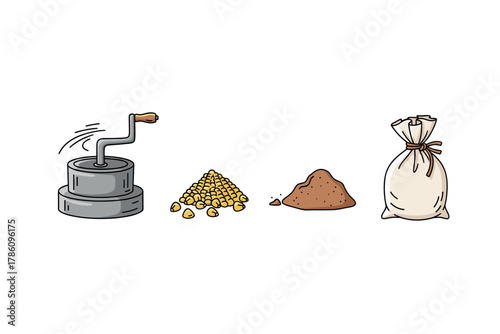 Home milling process: corn to flour production icons for culinary designs